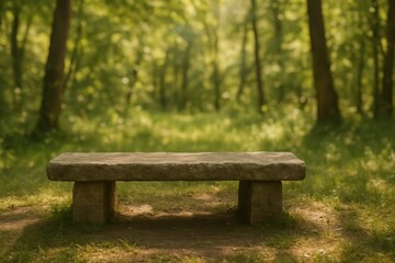 Rustic wooden park bench or simple stone platform serving as a natural mockup stage nestled in a sun-dappled forest clearing with blurred trees in the background