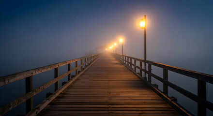 Fototapeta premium Illuminated Pathway Into Night: Foggy Pier Under Starry Sky At Dusk
