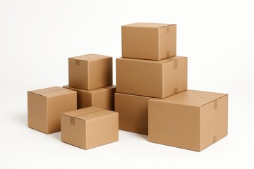 Stack of Assorted Sizes of Plain Brown Cardboard Shipping Boxes Ready for Packing and Moving Isolated on White
