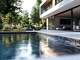 A large house with a pool and a patio. The pool is surrounded by a black tile border