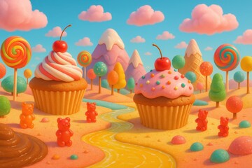 Whimsical and vibrant 3D fantasy candyland landscape featuring giant cupcakes colorful lollipops ice cream cone mountains gummy bear trees and fluffy candy floss clouds under a bright sky