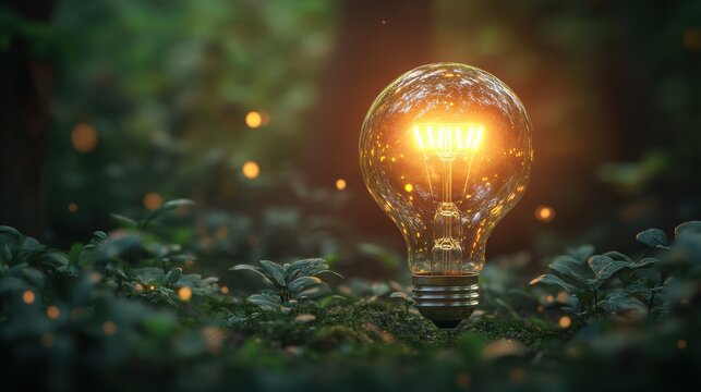 Symbolic light bulb glows amidst lush green foliage and bokeh lights concept for environmental awareness and sustainability - Powered by Adobe