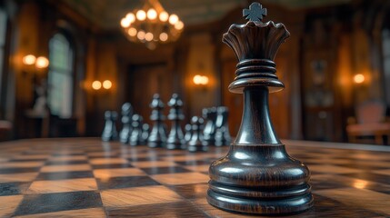 Black queen chess piece on a wooden board, luxury room
