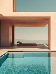 A luxurious modern poolside view with a comfortable seating area, understated and minimalistic architectural style.