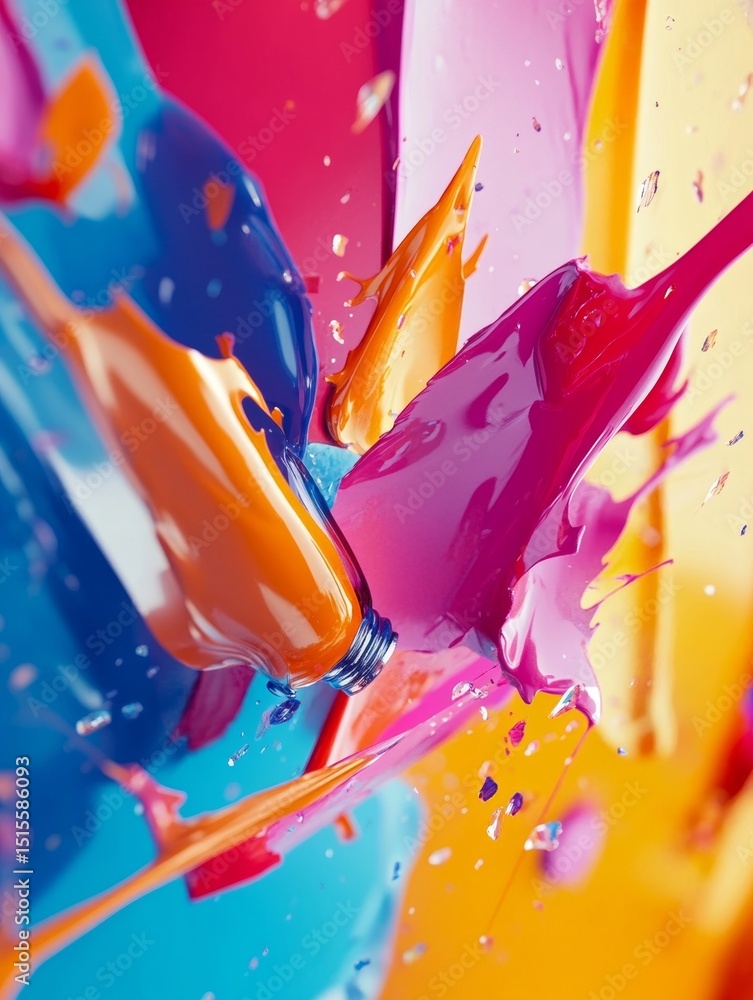 Poster an array of vibrant paint colors splattered in a playful and creative manner.