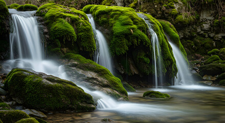 Fototapeta premium Cascading Waterfalls Through Verdant Mossy Rocks In Natural Woodland Scene