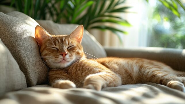 Ginger cat taking afternoon nap bathed in sunlight on comfortable sofa surrounded by green plants
