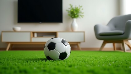 Soccer ball on green grass indoor with television and chair in background home setting