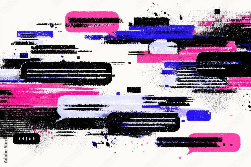 Poster glitching chatbot illustration with distorted speech bubbles in a vibrant, colorful layout reflectin