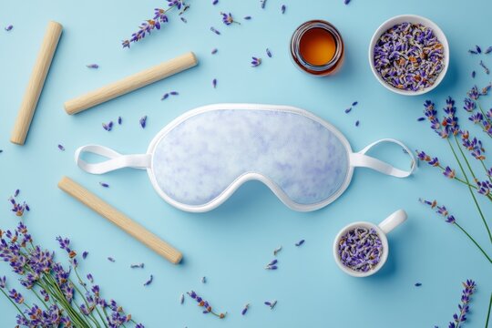 A blue eye mask is on a table with lavender flowers and a cup of tea. Concept of relaxation and tranquility, as the eye mask and lavender flowers are often associated with calming scents
