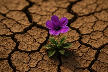Symbolic close-up of a single resilient purple wildflower bravely blooming amidst dry cracked arid earth representing nature's tenacity and hope in harsh drought conditions.