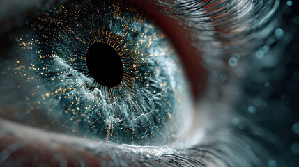 A cyber security data protection system with ai is symbolized by close up of human eye with digital light effects showing advanced technology