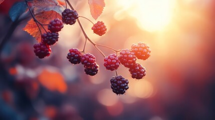 Sunlit blackberries on the branch, creating warm autumn tones in background