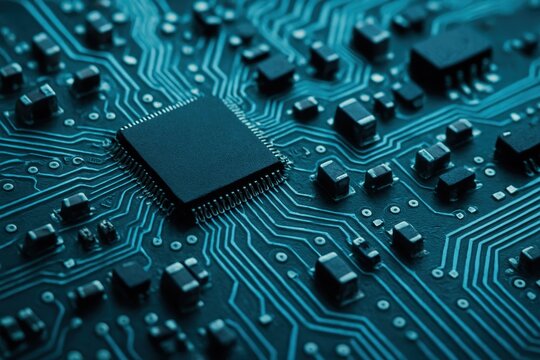 Abstract close-up of a complex green computer circuit board with intricate pathways and microchips illuminated by a soft blue light symbolizing AI and data processing.