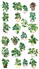 Lush Botanical Illustration of Diverse Potted Plants: Greenery and Floral Decorative Art for Home Decor and Interior Design