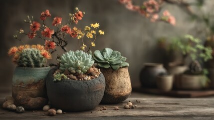 Small cactus arrangement in a modern dark gray pot, minimal decor style with soft highlights