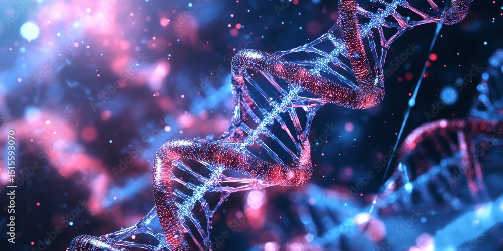 Poster the double helix structure of dna molecule with glowing strands against a dark background.