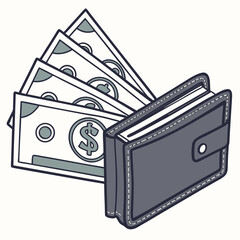 Wallet with cash bills isolated transparent background