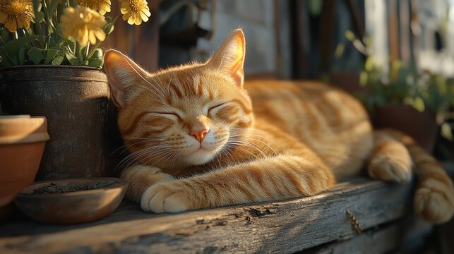 Peaceful orange tabby cat resting in sunlight amidst flowerpots on rustic wood surface