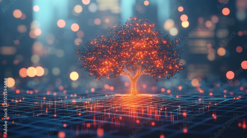 Aufkleber digital radiance illuminating artificial tree on a luminous grid landscape