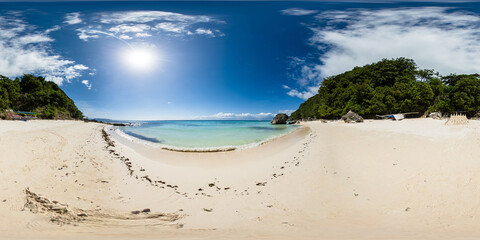 Sun reflection over the turquoise water and white sand in Hagdan Beach in Boracay. Malay, Aklan. Philippines. VR 360.