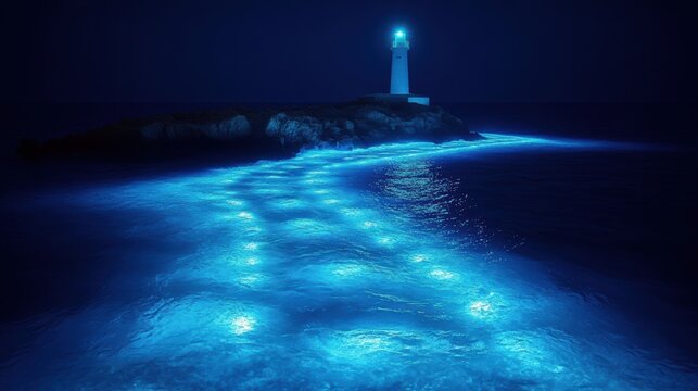 Ethereal glow of bioluminescent sea surrounding a remote island lighthouse beacon at night dramatic scenery calm ocean