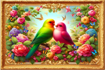 Close - up pictures of cute love bird and the beauty of nature. Picture of beautiful trees and shrubs, beautiful leaves and rose flowers. bird.(01)
