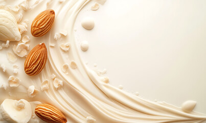 Realistic and artistic representations of almonds, almond farming, processing, and almond-based products like milk, butter, and oil isolated on a white background.