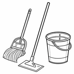 Cleaning supplies mop bucket broom isolated illustration