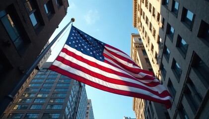 American flag hangs dramatically between high-rises , freedom, patriotism, power