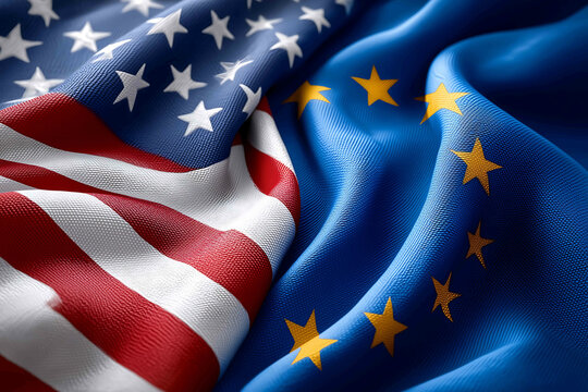 split background showing United States flag on the left and European Union flag on the right clean vector style slight texture high contrast lighting pa