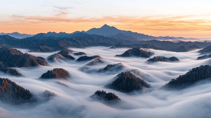 Fototapeta premium Misty Highland Valley Sunrise: Aerial View of Rolling Hills and Peaks