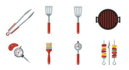 Illustration showing various barbecue tools including tongs spatulas grill and skewers on white background