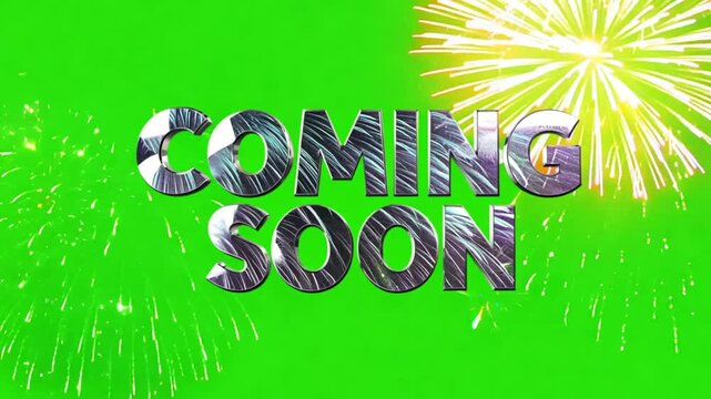 Coming soon text in bold purple and silver font with fireworks on green background used in teaser or announcement visuals for digital content