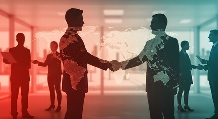 A vibrant, dynamic image that demonstrates interconnectedness and global reach; diverse, subtly blurred figures representing business professionals from diverse cultures shake hands or collaborate. Th