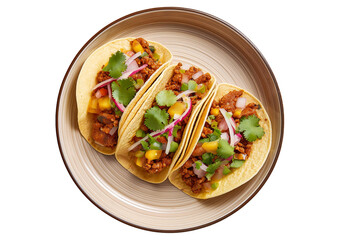 Fototapeta premium Mexican gourmet tacos on cute beige ceramic plate top view isolated on transparent or white background
