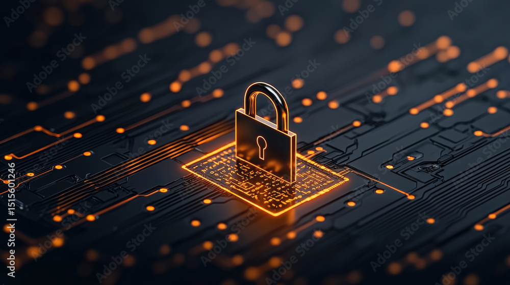 Poster digital lock glows on circuit board, symbolizing cybersecurity and data protection in futuristic set