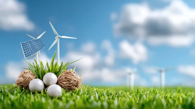 Vibrant image of solar panel and wind turbines on grassy field with blue sky and clouds, symbolizing renewable energy and sustainability - Powered by Adobe