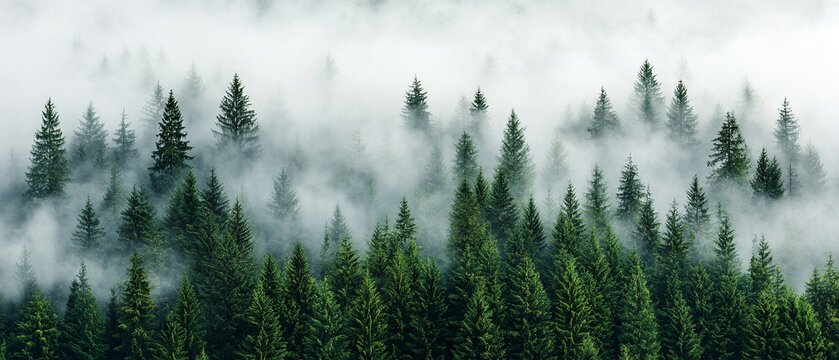 Fototapeta Misty Mountaintop Pine Forest at Sunrise