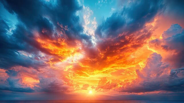 Dramatic sunset painting the sky with fiery orange and deep blues reflecting on the calm ocean surface