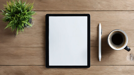 Tablet, pen, and coffee cup on a modern minimalist desk, highlighting the fusion of technology and efficient work