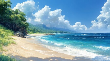 Tranquil tropical beach scenery painting bright blue sky fluffy white clouds turquoise ocean sand mountain trees