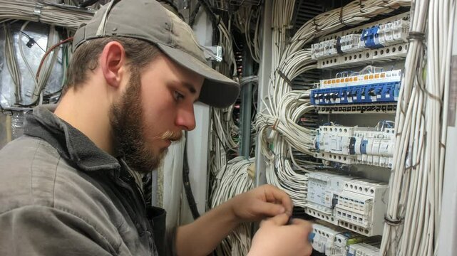 Cable guy working on network panel