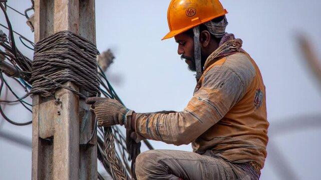 Cable guy electrician working at electric pole