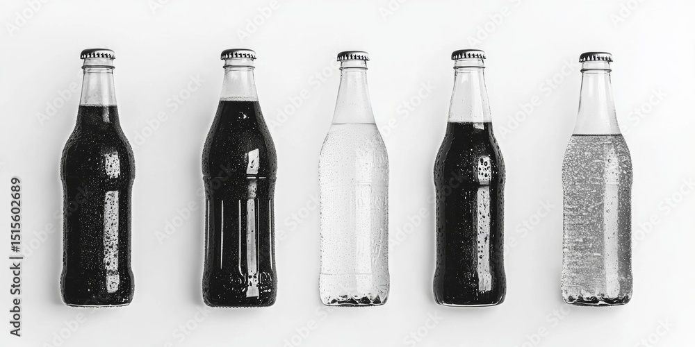Poster variety of old glass soda bottles with different designs, colors and labels lined up on a table. som