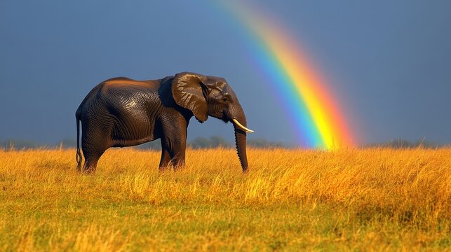 Elephant Beneath a Colorful Rainbow in Golden Savannah Landscape African Wildlife in Natural Habitat
