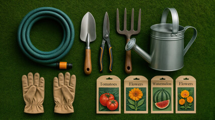 A top-down illustration of various summer garden tools and seed packets. Vegetables and flowers. Clippers, watering can and gloves. A garden hose and a spade.