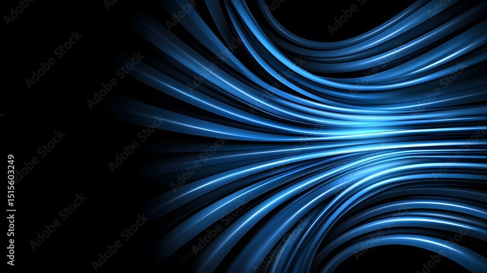Poster the image contains an abstract design featuring numerous curved, glowing blue lines radiating from a