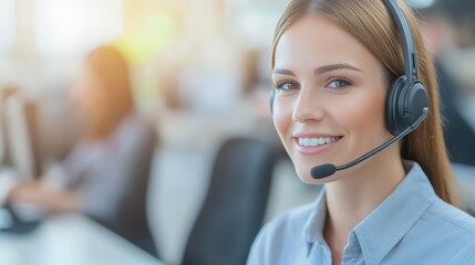 Professional customer service representative with headset communicating warmly in clean modern office environment showcasing effective business communication support