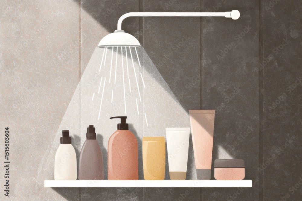 Poster clean shower shelf featuring skincare products illuminated by soft light in a modern bathroom settin